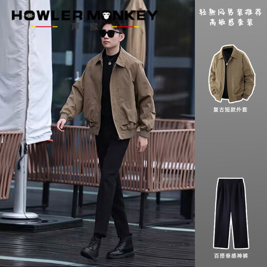 Sound Monkey Khaki Retro Workwear Jacket Men's High-end and Handsome Short Jacket Set Spring and Autumn Mature Style Men's Wear Set Khaki Jacket + Round Neck Sweater Black + Black Suit Pants XL