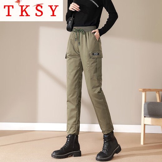 TKSY down pants women's winter outer wear 2026 new high-waist Northeast cold-proof footwear workwear snow plus velvet thickened cotton pants Army Green 2XL Weight 128-138Jin Jin is equal to 0.5 kg