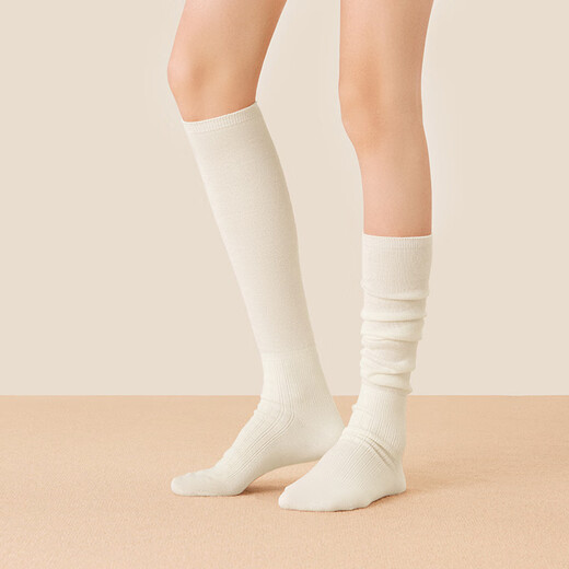 Mianzhuwu Wool Pile Calf Socks Women's Autumn and Winter Long Tube Fu Shoes White Anti-Slip Non-Falling Spring and Autumn Long Socks Combination 1 (Milk White + Black) One Size 35-39 Wool Warmth_Non-Falling_No Bone Seam Head Free Shipping Insurance