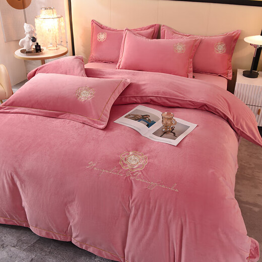 Fuanna Class A thickened baby milk velvet four-piece set embroidered coral velvet quilt cover winter warm flannel Class A baby velvet-Camellia Orange bed sheet style 1.5 four-piece set quilt cover 2.0*2.3