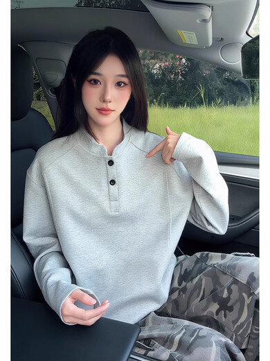 QGF American Henry collar long-sleeved sweatshirt men's autumn shoulder heavy polo light gray top shirt base coat light gray XL recommended 110-130Jin Jin equals 0.5 kg