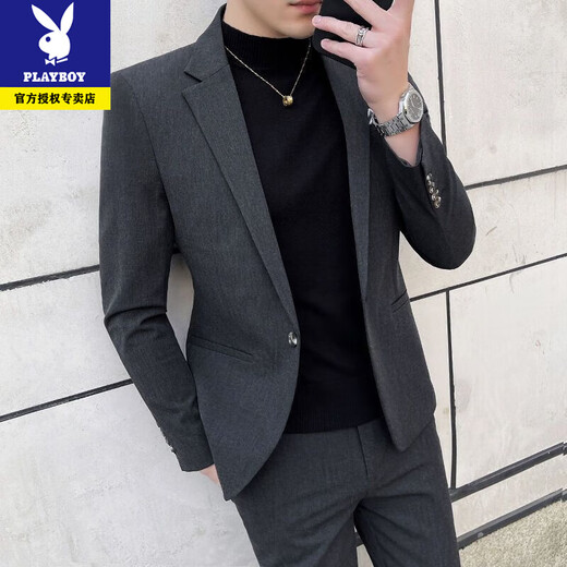 Playboy casual suit suit for men, Korean style slim fit high-end suit, full set of men's trendy jacket, handsome men's suit, mature black suit + trousers, one button M 165 recommended 90-105 Jin Jin equals 0.5 kg