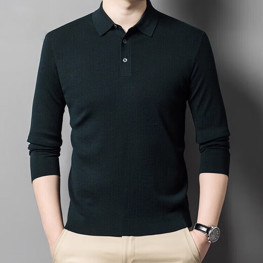 Deer King Optim high-end worsted cashmere sweater men's thin 100 pure cashmere long-sleeved lapel T-shirt middle-aged casual warm sweater black green thick M recommended 125Jin Jin equal to within 0.5 kg