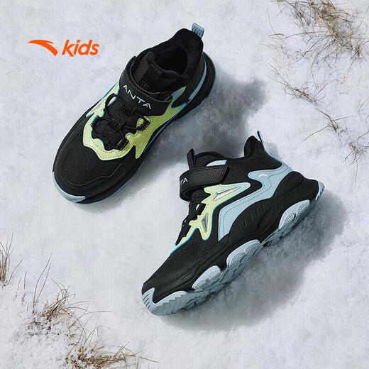 ANTA children's shoes, men's cotton shoes for older children, autumn and winter new arrival, plus suede mesh stitching, non-slip and wear-resistant ridge high-top children's sports shoes, men's black/thin blue-2 37, shoe inner length 23.5cm