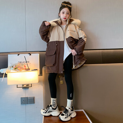 细仔码头儿童装女童派克服外套中大童毛领时尚加绒加厚中长款大衣棉服韩版 卡其色 毛领可拆卸 160
