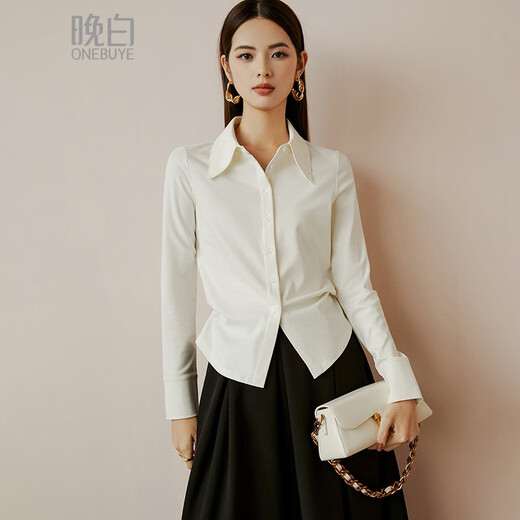 Late white new product 2025 autumn cotton fashion shirt casual lapel solid color skin-friendly commuting shirt for women off-white S
