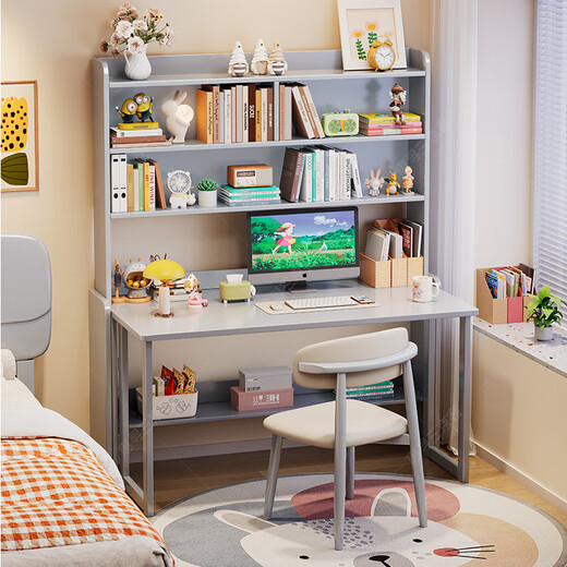 Huixun folding desk solid wood student home computer desk bedroom bedside study table with bookshelf small retractable desk walnut color #desk + bookshelf 80cm*60cm*75cm total height 190cm