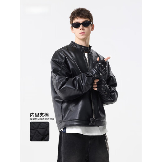 Xingman Winter Padded Leather Jacket Men's 2025 New Trendy Loose and Versatile Boys Motorcycle Leather Jacket Trendy Black M (100-130Jin Jin is equal to 0.5kg)