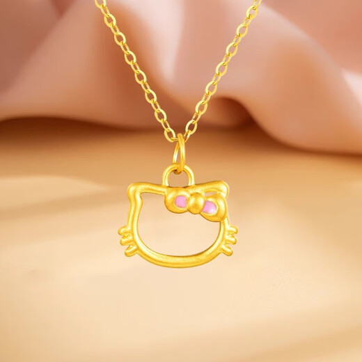Chow Tai Fook pure gold 999 Kitty hollow cat gold pendant hellokitty bow clavicle necklace Chinese Valentine's Day gift KITTY cat pendant + 18k titanium gold chain (not fade for a long time) + country