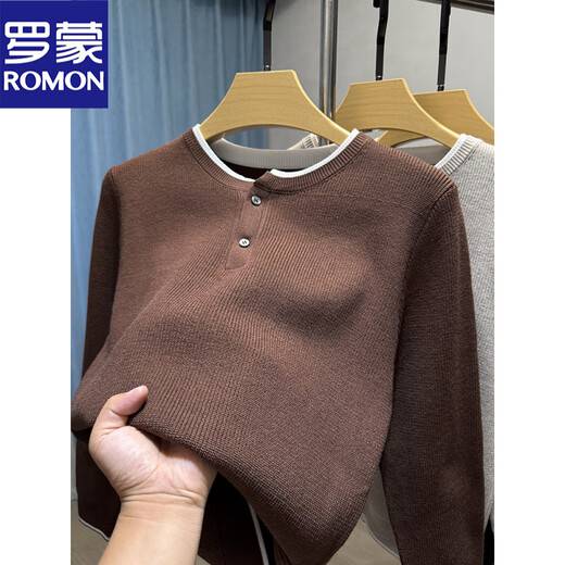 ROMON old money style Henry collar sweater men's base layer men's autumn and winter two-button inner sweater men's inner sweater beige XL 175