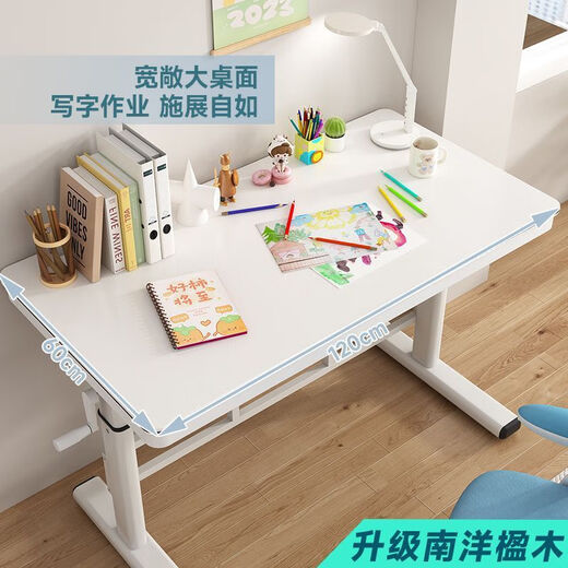 Hand lift computer desk student solid wood desk home children's study table writing desk simple and fashionable desk no drawer/white shelf + white* solid wood desktop hand lift - length 80 width 50 height 63-90
