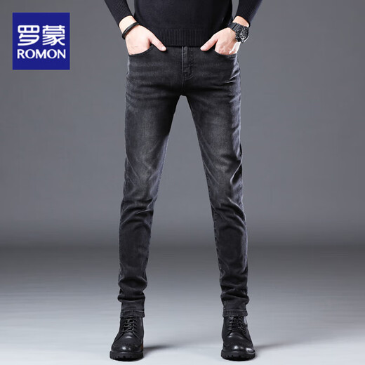 ROMON 2025 Autumn and Winter New High-end Jeans Men's Business Slim Small Feet High-End Stretch Versatile Casual Pants Men's 1048 Black 36