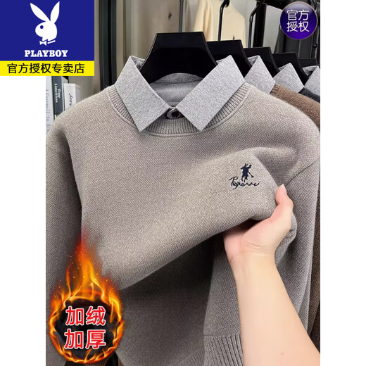 Playboy Sweater Men's Velvet Thickened 2025 Winter New Fake Two-Piece Shirt Collar Dad's Knitted Bottoming Shirt White L 50 Recommended 110-130 Jin Jin equals 0.5 kg