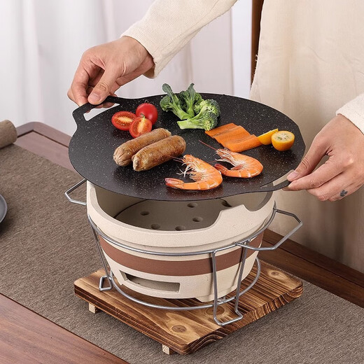 Barbecue stove charcoal outdoor commercial clay oven grill pan Teppanyaki around the stove tea roasting stove charcoal stove old-fashioned side stove charcoal stove large + 30cm baking pan + iron rack + wooden mat + net