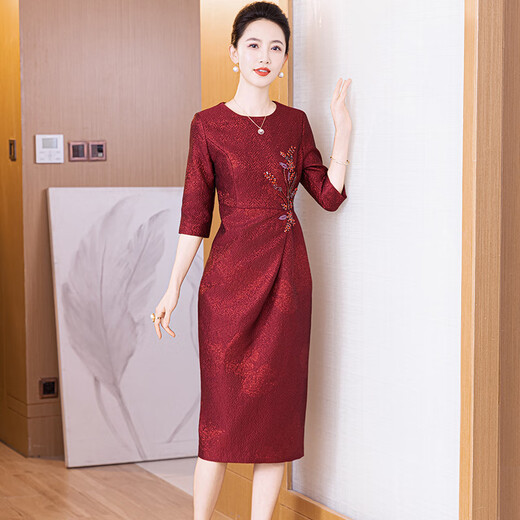 Drop off station dress high-end light luxury niche evening dress 2025 autumn new mother wedding dress hip-covering skirt elegant temperament burgundy M