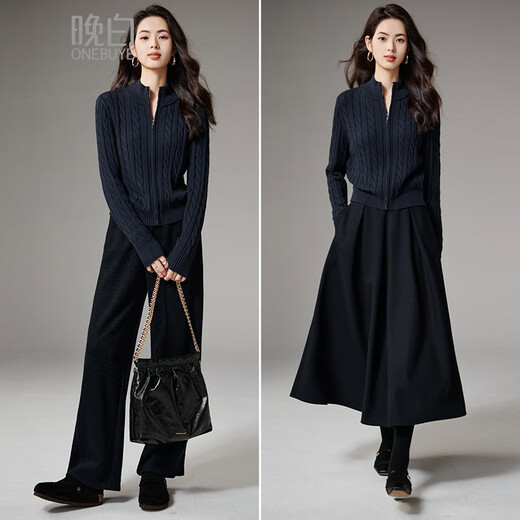 Late White New Product 2025 Autumn Retro Fashion Jacket Smart, Clean and Versatile Short Knitted Cardigan for Women Dark Blue M