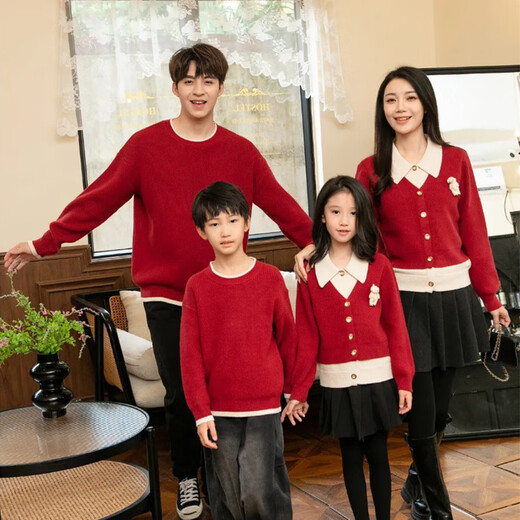 Little Bear Elf (xiaoxiongjingling) parent-child red sweater autumn and winter new style 2026 New Year's family of three, high-end mother and daughter family outfit of four, men's round neck top/women's cardigan jacket 175 mother's XL size (recommended weight 135-150Jin Jin equals 0.5 kg)