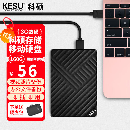 科硕（KESU）移动硬盘USB3.0高速存储手机笔记本电脑连接外接机械硬盘大U盘 160G+硬盘包 K2519-时尚黑Type-c3.1接口