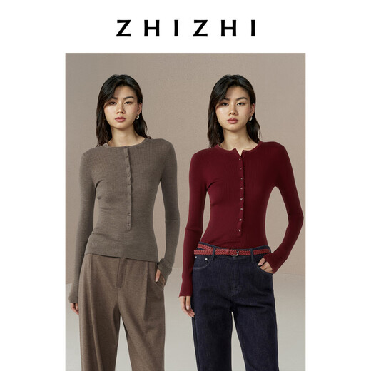 ZHIZHI New Water Order Versatile Wool Henley Collar Retro Slim Knitted Top 25 Winter New Style Cherry Red Paint Color S