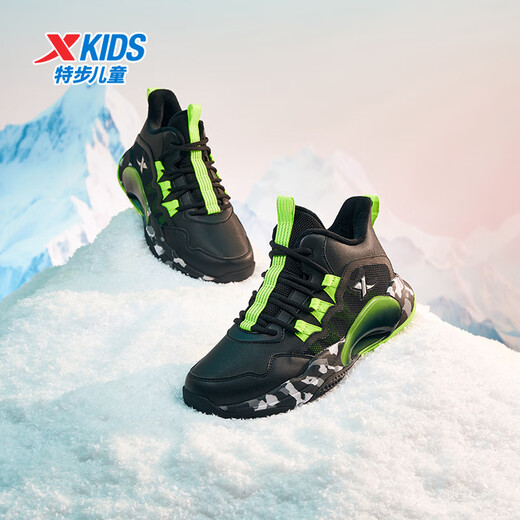 XTEP children's shoes winter velvet campus training basketball sports cotton shoes black/fluorescent electric green 35