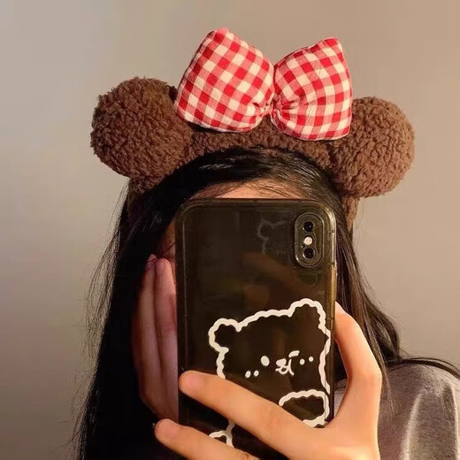 Cute leopard print cat plush headband for home girl, face wash headband, makeup mask, pressed hairpin, jewelry, brown plush bear ears, red plaid bow headband