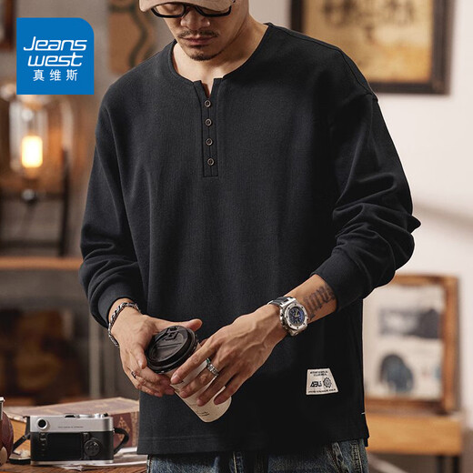 Jeanswest 2025 Autumn New Cotton Henley Collar Men's Sweater Loose Long Sleeve T-Shirt American Top T White Bottoming Shirt Black M