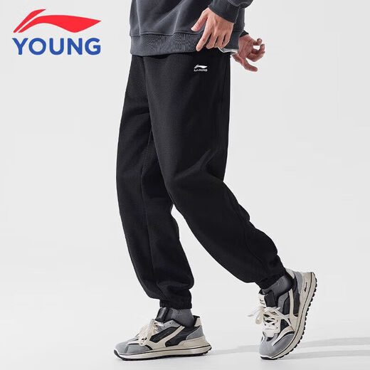 Li-Ning children's velvet pants, boys' sweatpants, autumn and winter student loose trousers, youth casual sweatpants, sweatpants, black - double standard closing, velvet without price increase 160 cm