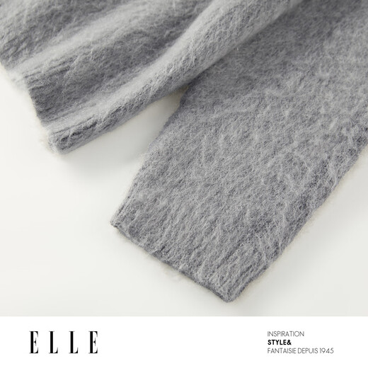ELLE sheep wool mohair retro jacquard sweater for women 2025 winter new loose lazy sweater medium gray L