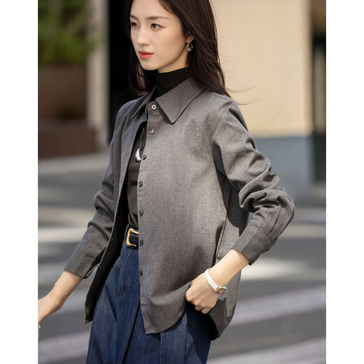 Demana brushed technology winter warm-toned time-tempered lapel patch pocket shirt straight loose shirt women's top