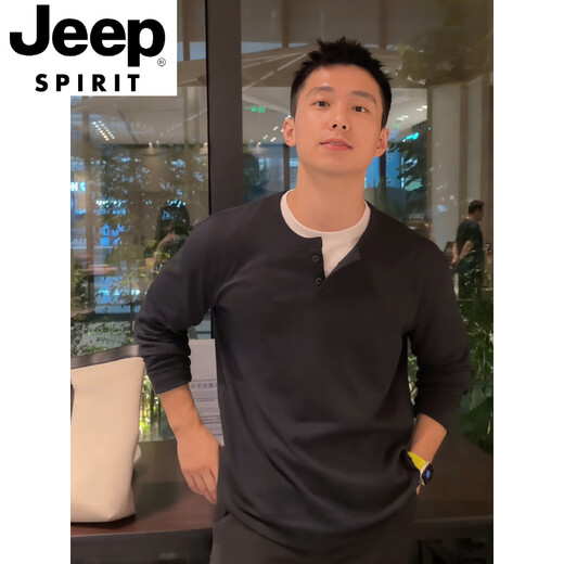 JEEP SPIRIT bamboo cotton fake two-piece Henry collar long-sleeved T-shirt men's cleanfit inner layering shirt early autumn single-wear top navy blue M (100-115Jin Jin equals 0.5 kg)