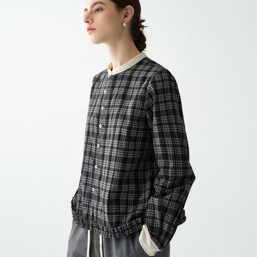 EIN PURE retro college style pattern contrast material stand collar fungus hem long-sleeved shirt 2025 autumn new style off-white M