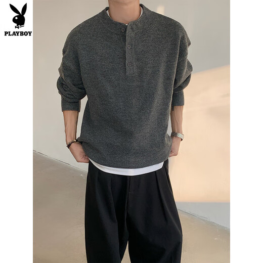 Playboy cleanfit henley collar sweater men's autumn and winter warm sweater men's inner long-sleeved base sweater floral gray 2XL 145 to 160 Jin Jin equals 0.5 kg can be worn