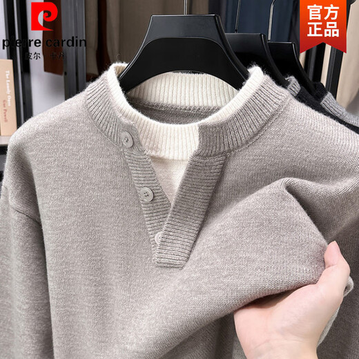 Pierre Cardin Henry collar sweater men's fashion loose fake two-piece pullover sweater autumn and winter casual thickened bottoming shirt light gray XL