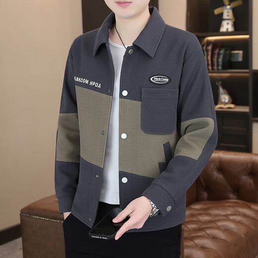 New spring and autumn lapel tops, fashionable casual stitching, handsome middle-aged jackets CSqy workwear lapel jackets jd black 2XL recommended 135-150Jin Jin equals 0.5 kg