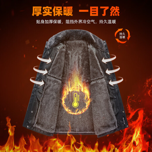SHANSHAN Shanshan PU leather jacket for men 2025 winter warm casual windproof and waterproof men's easy-care fur collar long-sleeved jacket black XL /180