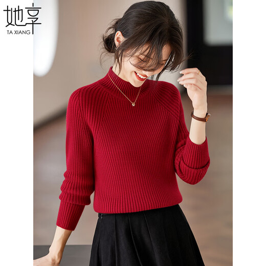 She enjoys knitted sweaters women's half turtleneck sweater New Year's wear tops autumn and winter red knitted bottoming shirt T144Z9016
