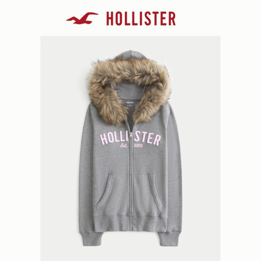 HOLLISTER25 Autumn and Winter New American Retro Fleece Patch Hooded Sweatshirt Jacket Women's 352-5251 Gray S (165/84A)
