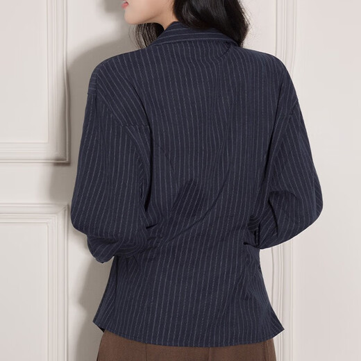 CHOCOOLATE it women's fashionable V-neck striped long-sleeved shirt women's autumn and winter new waist slimming design top navy blue S
