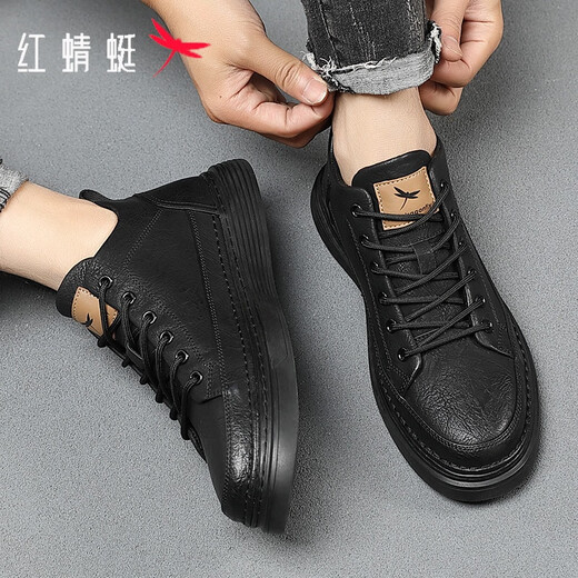Red Dragonfly Men's Shoes Business Casual Leather Shoes Men's 2025 Autumn and Winter New Style Sneakers Men's Versatile Cowhide and Velvet Warm Shoes Men's All Black 7002 41 (255)