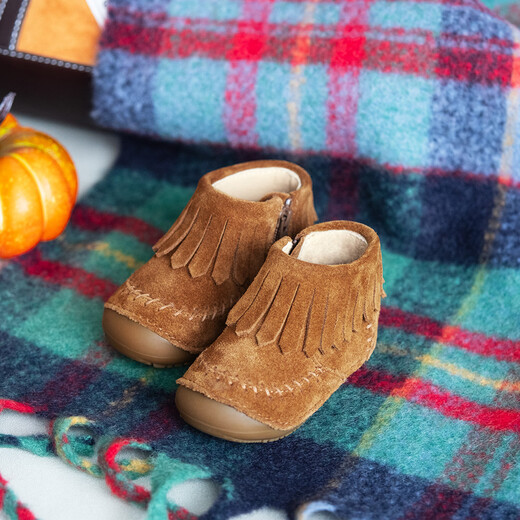 Extraone children's genuine leather soft sole baby shoes autumn and winter warm children's shoes non-slip tassel short boots #415 brown 21 (inner length 12.5cm)