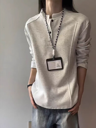 Yingtang Henry Collar Sweatshirt Men's Spring and Autumn Style American Deconstructed Heavyweight Bottoming Shirt Loose Jacket Top Men CLF-H502 Light Gray M