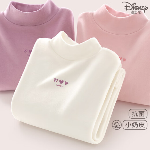Disney (Disney) girls' winter velvet thickened children's long-sleeved T-shirt, half-turtle collar autumn coat DS023 white 160