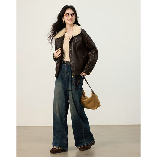 Shangjing Retro PU Leather Jacket Women's 2025 Winter New Style Velvet Thickened Warm Motorcycle Jacket Fur Collar Short Jacket Brown M