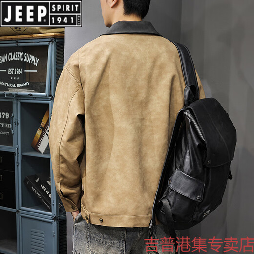 JEEP SPIRIT2025 New Autumn Trendy Brand Loose Leather Jacket Men's American Retro Contrast Color Lapel Motorcycle Pu Leather Jacket Black Gray S Suitable Weight 90-110Jin Jin is equal to 0.5 kg
