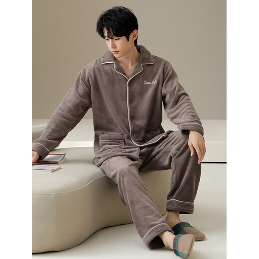 Anzhiban anti-static coral velvet pajamas for women in winter thickened warm flannel cardigan autumn and winter men's home clothes women 64957# bean sand powder M