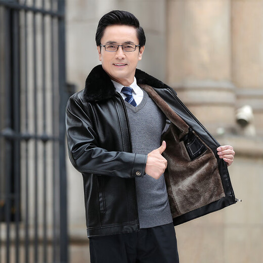 小红书新款中年男士皮衣爸爸装秋冬PU皮夹克中老年男装外套加 皮毛一体D款黑色加绒 加厚 L 170/52[110130斤]
