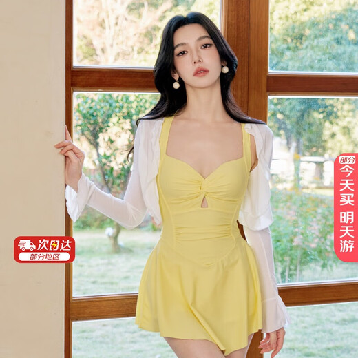 OMOM one-piece skirt-style swimsuit long-sleeved cover-up slimming belly-covering hot spring resort swimsuit yellow XL