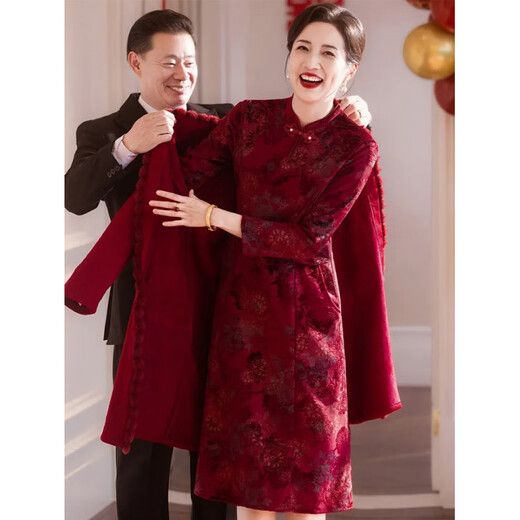 Luo Meng brand Grandma Xi plus size wedding dress 2026 autumn and winter velvet thickened cheongsam wedding dress mother's dress burgundy two-piece set (outer wrap + cheongsam skirt) XL (recommended 90-115 Jin Jin equals 0.5 kg)