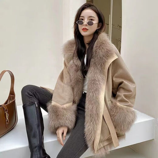 Romon brand suede stitching fox fur eco-friendly fur jacket for women 2026 autumn and winter new mid-length parka mocha brown L 125-145Jin Jin equals 0.5 kg
