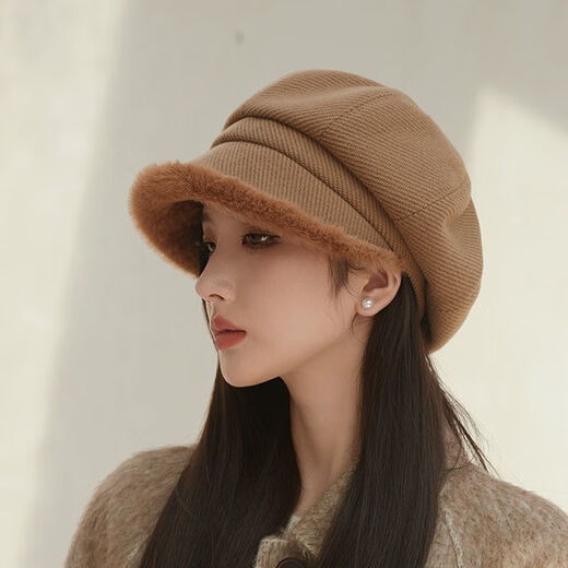 Autumn and winter beret women's velvet warm ear protection small head circumference octagonal hat Korean version versatile fashion plush peaked cap beige